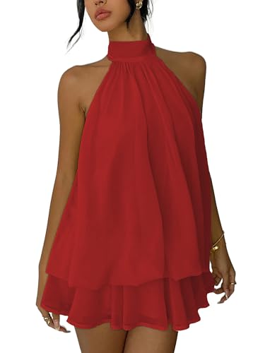 NWFZCCP Clubbing Halter Sexy Mini Dress for Women Sleeveless Backless Eye-Catching Ruffled Hem Red X-Large