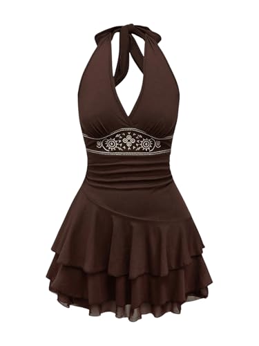 RoseSeek Women's Halter Cowgirl Vintage Mini Dress Embroidery Tie Back Sleeveless Ruched Tiered Layer A Line Dresses Brown Small
