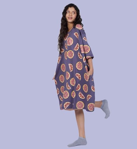 Image of LAMA STORE Women's Printed Oversized T-Shirt Dress, Cotton, 3 /4 Sleeve Length, Casual Loose Fit, Comfort Wear Extra Comfy Oversized Printed Pocket T-Shirt Dress