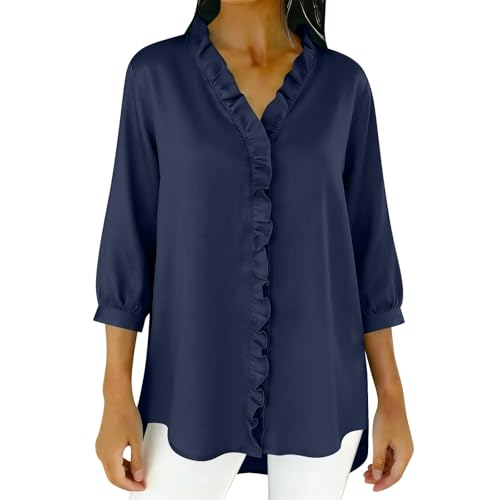 Womens Cotton Linen Dressy Casual Blouses 3/4 Sleeve V Neck Ruffle Tops Business Summer Trendy Fashion Work Shirts Navy
