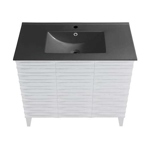 Image of Swiss Madison Cascade 36 in. White Oak Bathroom Vanity with Black Ceramic Sink Top
