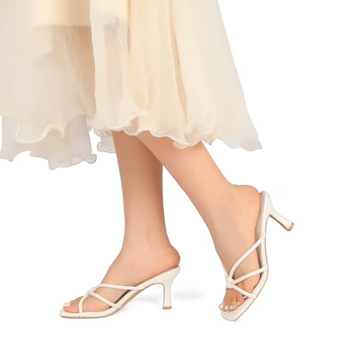 Image of Goderci Kitten Strappy Heels for Women Knotted Square Open Toe Slip On Mule Heels Mid Heeled Sandals