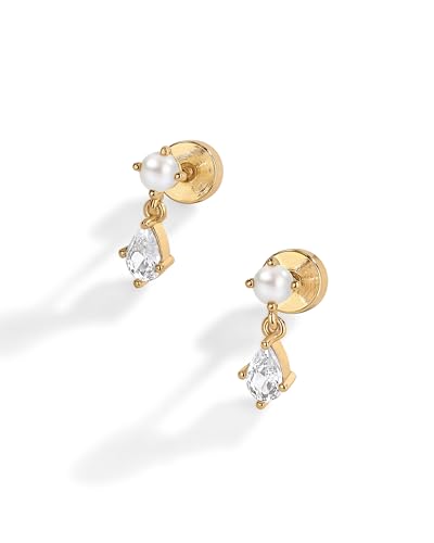 PAVOI 14K Gold Plated Sterling Silver Posts Pearl Flat Backs Stud Earrings for Women - Earscape Drop Dangle Pear Cubic Zirconia Pearl Mini Stud Earrings