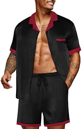 Ekouaer Men Satin Silk Pajamas Set with Pockets Sleepwear Shorts Satin Summer Loungewear 2 Piece Button Down Set S-3XL