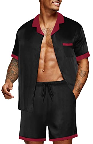 Ekouaer Men Satin Silk Pajamas Set with Pockets Sleepwear Shorts Satin Summer Loungewear 2 Piece Button Down Set S-XXL Black