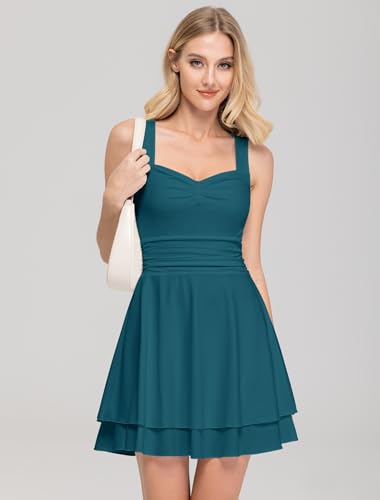 Image of IWD Women's Square Neck Sleeveless Mini Dress Ruched Waist Tiered Ruffle Hem A Line Short Dresses