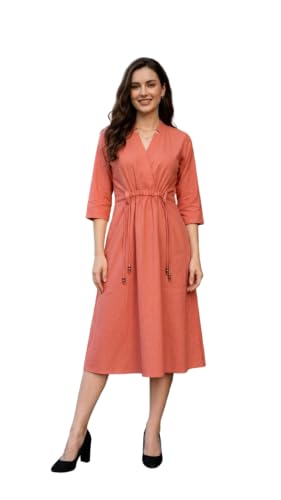 Image of New Ethnic 4 You Women's Pure Cotton Solid Peach A-Line Midi Dress
