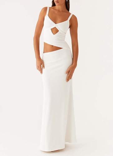 Image of Yiulangde Womens Elegant Spaghetti Strap Maxi Dress Backless Cut Out Bodycon Summer Cami Dress Sexy Formal Cocktail Dresses A-White