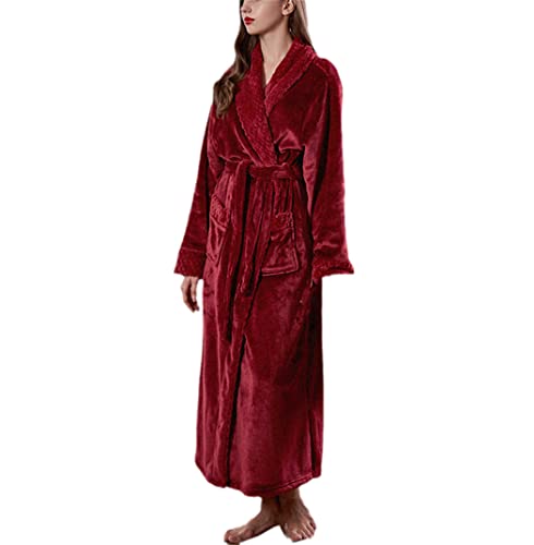 Peignoir de bain long flanelle haut de gamme en polaire corail douce kimono hiver femme vin L