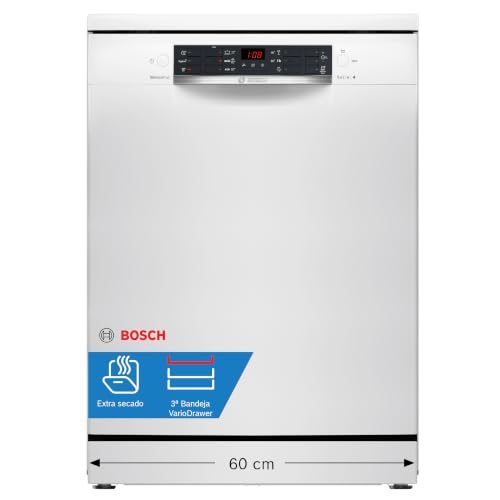 Bosch - Lavavajillas de Libre Instalación, 60 cm de ancho, 13 Servicios, Silencioso, Programa Rápido, Tercera Bandeja para Cubiertos, Blanco, SMS46KW02E