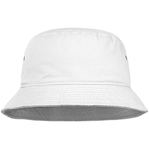 Men Women Unisex Cotton Bucket Hat 100% Cotton Packable for Travel Fishing Hunting Summer Camp (L/XL, White)