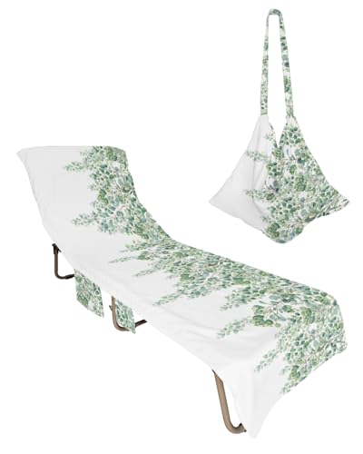 Eucalyptus Leaves Beach Lounge Chair Towel Cover, Soft Chaise Lounge Towel with Side Pockets Patio Pool Chairs Cover for Beach/Pool Sunbathing 29x85 Pastoral Watercolor Teal Botanical