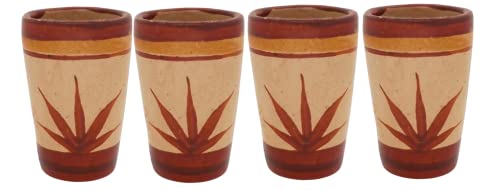 Mextequil - Tequila Shot Glasses - Set Of 4 Terracotta Mexican Shot Glasses - 2 Oz - Natural & Colorful Clay - Barro Canelo & Capulineado - Handcrafted Hand-Painted (Agave) #TOP9