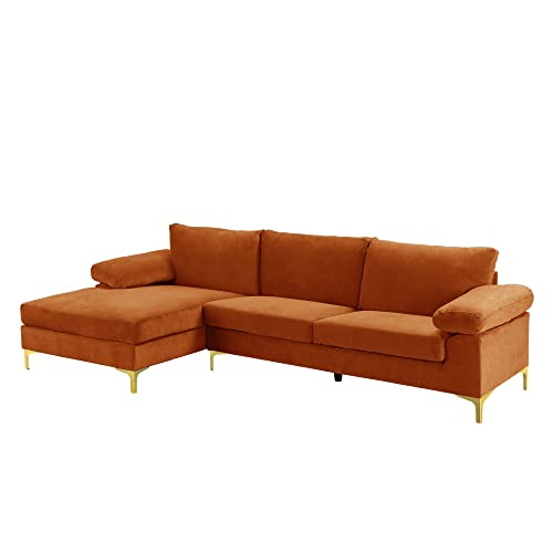 Modern Sectional Sofa L Shaped Velvet Couch, With Extra Wide Chaise Lounge And Gold Legs #TOP1