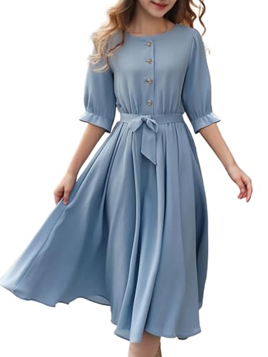 New 8-12Years Girls Midi Dress Puff Sleeve A-Line Tie Waist Button Front Casual Party School