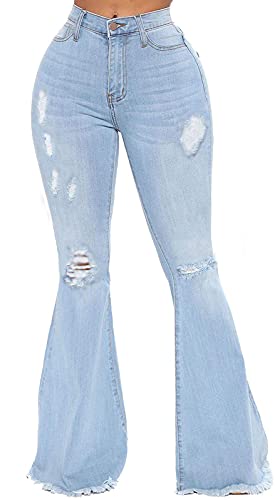 Bell Bottom Jeans for Women Vintage High Waisted Ripped Hole Raw Hem Denim Flare Jeans Pants
