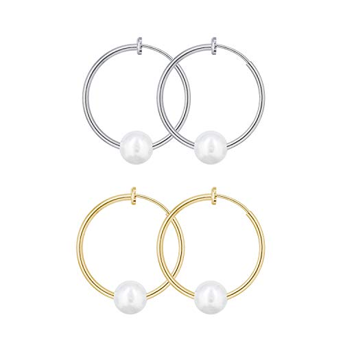 YOQUCOL 2 Pairs Clip On Hoop Earrings for Women Simulated Freshwater Pearl Non Pierced Ears Spring Hoops