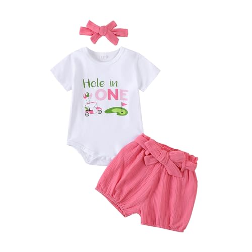Image of Baby Girl 1st Birthday Outfit Hole in One Romper + Solid Shorts + Headband Golf Photoshoot First Birthday Outfit