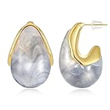 KissYan Acrylic Teardrop Earrings for Women, 14K Gold Plated Resin Chunky Hoop Earrings, Lightweight Hollow Open Drop Hoops Translucent Hypoallergenic Vintage Fashion Jewelry Gifts (Grey)