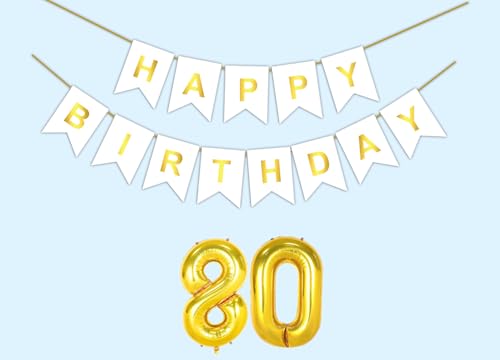 Image of 80th Happy Birthday Decoration Kit White for 80 year Old Men Women with Number Eighty Party Decorations Decor Celebration Items Item Set Combo Reusable Paper Banner
