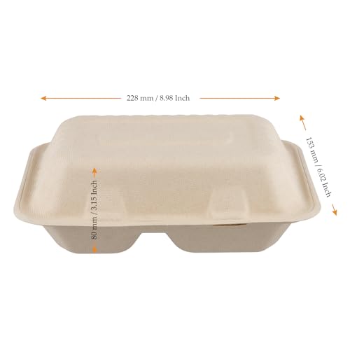 FAAING 75 Stück 900ml Einweg Menübox, 2 Fächer Lunchbox Pappe Einweggeschirr Zuckerrohr, Menüschalen mit Deckel, Bagasse Take Away Box mit Klappdeckel, To Go Verpackungen Essen