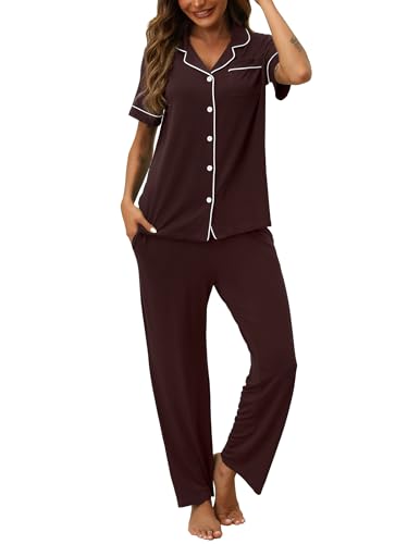 Image of HNG Women Pajamas Set 2 Piece Button Up Pajamas Pant and Short Sleeve Shirt for Woman Pj Sets with Pocket