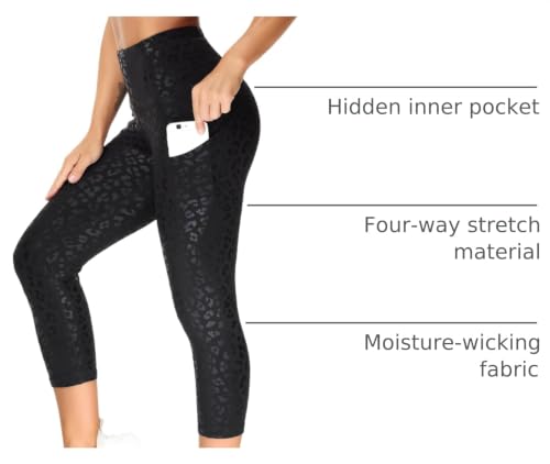 Image of THE GYM PEOPLE Thick High Waist Capris Yoga Pants with Pockets, Tummy Control Workout Running Yoga Leggings for Women