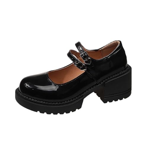 Chaussures Mary Jane femme en cuir verni noir à talon bloc et bout rond