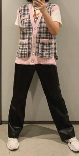 Image of Checkered Sweater Vest for Women Sleeveless V Neck Button Down Knit Tank Tops Trendy Fall Loose Cardigan Vest