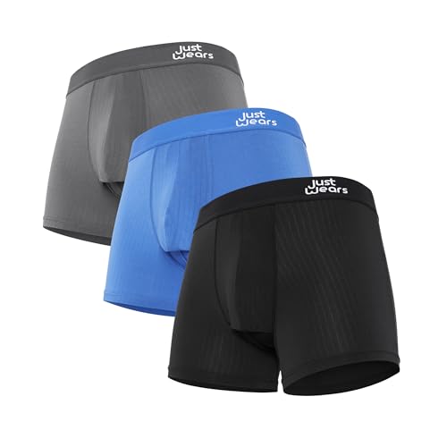 JustWears Trunks with Pouch - Pack of 3 | Anti Chafing No Ride Up Organic Underwear for Men | Perfect for Everyday Wear or Sports Like Walking Cycling & Running, M, Blue, Grey & Black