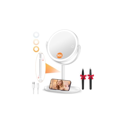 Auxmir Kosmetikspiegel mit Beleuchtung, 30X Doppelseitig Vergrößerungsspiegel mit Licht...