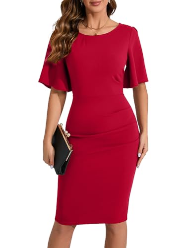 Image of IHOT 2024 Women's Vintage Ruffle Short Sleeve Ruched Bodycon Cocktail Party Work Dress