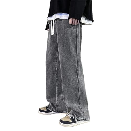 Hndudnff Men Elastic Waist Denim Jeans with Pockets Loose Pants Casual Street Straight Pants
