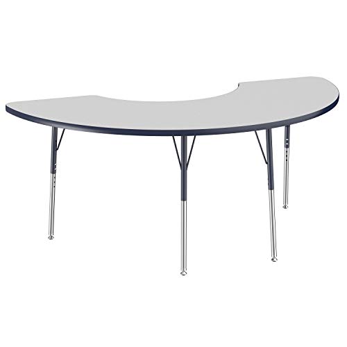 Image of FDP Half Moon Activity School and Office Table (36 x 72 inch), Standard Legs with Swivel Glides for Collaborative Seating Environments, Adjustable Height 19-30 inches - Gray Top and Navy Edge