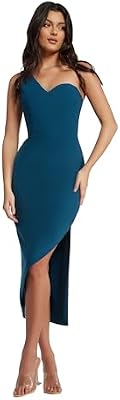 Dress the Population Women's Magnolia Crepe, Midi, Bodycon, Asymmetric Neck Dress, Peacock Blue, X-L...