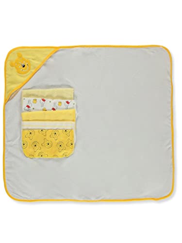 Disney Baby Winnie The Pooh Kids Hooded Towel with 5 Piece Washcloth Set, Honey Collector Print, GS71798