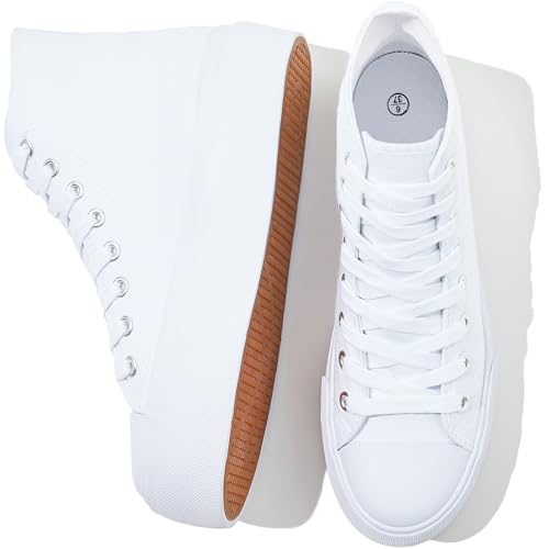 Image of FRACORA Womens High Top Canvas Shoes White Black Platform Sneakers Lace Up Shoes for Women