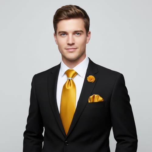 Image of 5PCS Mens Silk Tie, Pocket Square, Cufflinks, Drilled Tie Ring and Lapel Pin Set for Wedding Groom Party