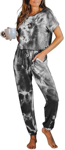LEEDYA Women Tie Dye Jumpsuit Short Sleeve Tops Casual Loose Pockets Summer Beach Playsuit Rompers Grey L