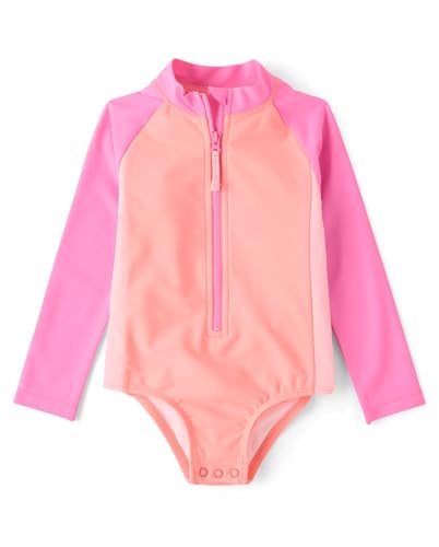 The Children's Place,Baby Girls,and Toddler Long Sleeve Half Zip One Piece Rashgaurd Swimsuit,Happy Pink,3 Years