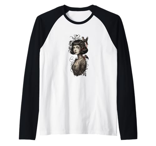 Dark Fantasy Woman Tattoo Art with Birds & Vines Raglan