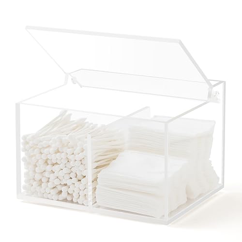 WORHE Acrylic Qtip Holder Dispenser with Lidlid 2 In1 Sections, Used for Bathroom Organizer, Cotton Swab and, Container Storage Box, Makeup Case Stick Stand Storagebox DP004