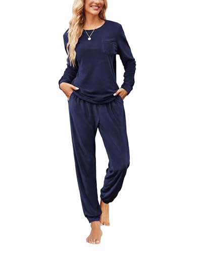 Ekouaer Womens Pajamas Sets Long Sleeve Soft Sleepwear 2 Piece Velvet Pjs Lounge Sets with Pockets