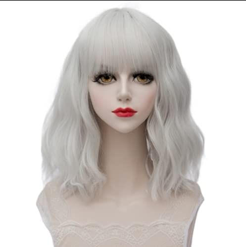 Short Gray Wavy Wigs Grey Wig Short Bob Wig With Bangs for Black Women Harajuku Anime Synthetic Hair Cosplay Wig Daily Halloween Party
