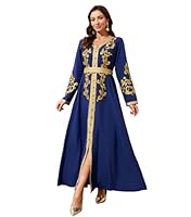 Middle Eastern Modest Maxi Dress - Muslim Moroccan Kaftan Abaya for Women Gold Embroidered Eid Dress Islamic Traditional Wear (Royal Blue, L)