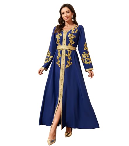 Image of Middle Eastern Modest Maxi Dress - Muslim Moroccan Kaftan Abaya for Women Gold Embroidered Eid Dress Islamic Traditional Wear