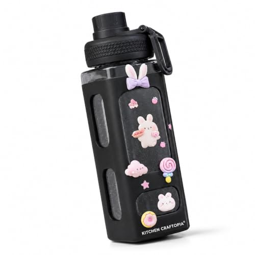 Image of Kawaii Water Bottle for Girls with Straw & Movable Handle | Cute Plastic Bottle with 2D & 3D Stickers | Stylish School & Travel Bottle for Kids (750 ml) (Black)