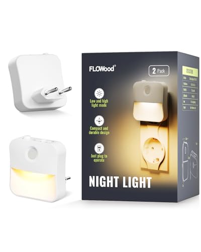 FLOWood Nachtlicht Steckdose mit Dämmerungssensor, 2 Stück Helligkeit Einstellbar Nachtlicht für Kinderzimmer, Treppen, Gang, Flur, Schlafzimmer, Küche, Badezimmer, 3000K WarmWeiß
