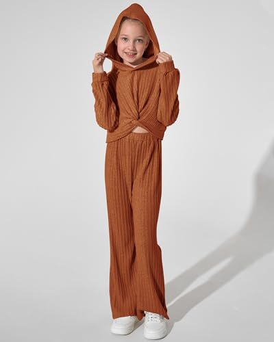 XUANHAO Girls Clothes Fall Winter Teen Outfits for Girl Rib Knit Twist Front Hoodie Flare Pants Sweatsuit Girls Clothing Set3