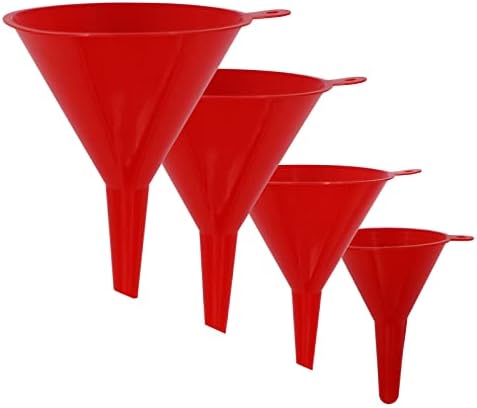 KongNai 4 Pieces Plastic Funnel Set for Kitchen and Automotive Use, Mini, Small, Medium and Large Funnel for Filling Bottles, Canning, Cooking, Lab or Car Oil Funnels (Red)
